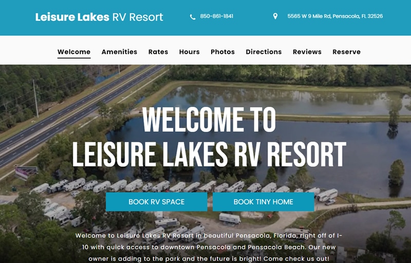 RV Park web design Leisure Lakes RV Resort
